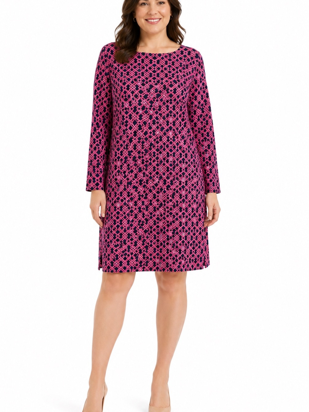 Vineyard Vines Knit Sheath Dress Navy Pink Geometric Trellis Print Preppy Sz XL